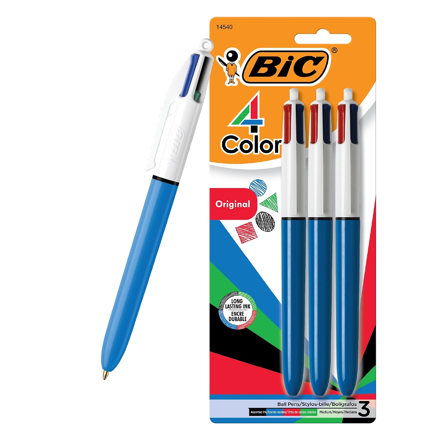 BIC 4-Color Retractable Ballpoint Pens, Medium Point, 1.4mm, Assorted Ink, 3/Pack (MMP31-AST)