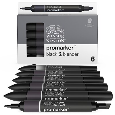 Winsor & Newton Promarker Dual-Tip Alcohol Based Marker, Black/Blender, 6/Pack (WNX0290116)