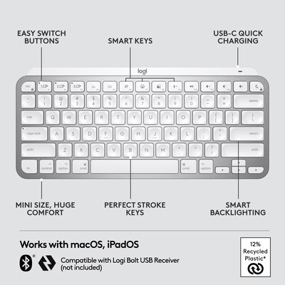 Logitech MX Keys Mini for Mac Wireless Ergonomic Keyboard, Pale Gray (920-010389)