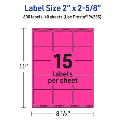 Avery Laser/Inkjet Rectangle Multipurpose Labels, 2" x 2-5/8", Neon Magenta, 600/Pack (94235)