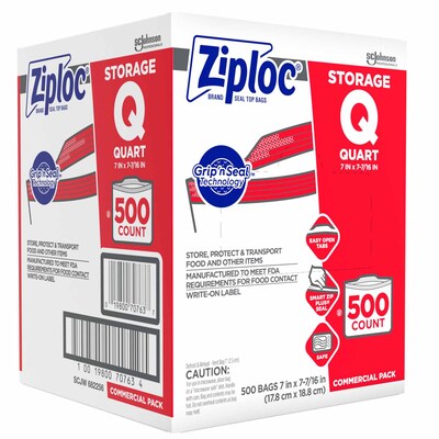 Ziploc Double Zipper Storage Bags, Quart, 500 Bags/Carton (682256)