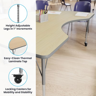 Flash Furniture Wren Kidney Activity Table, 72" x 48", Height Adjustable, Light Natural Top/Silver Frame (XUA4872KDLNTAC)