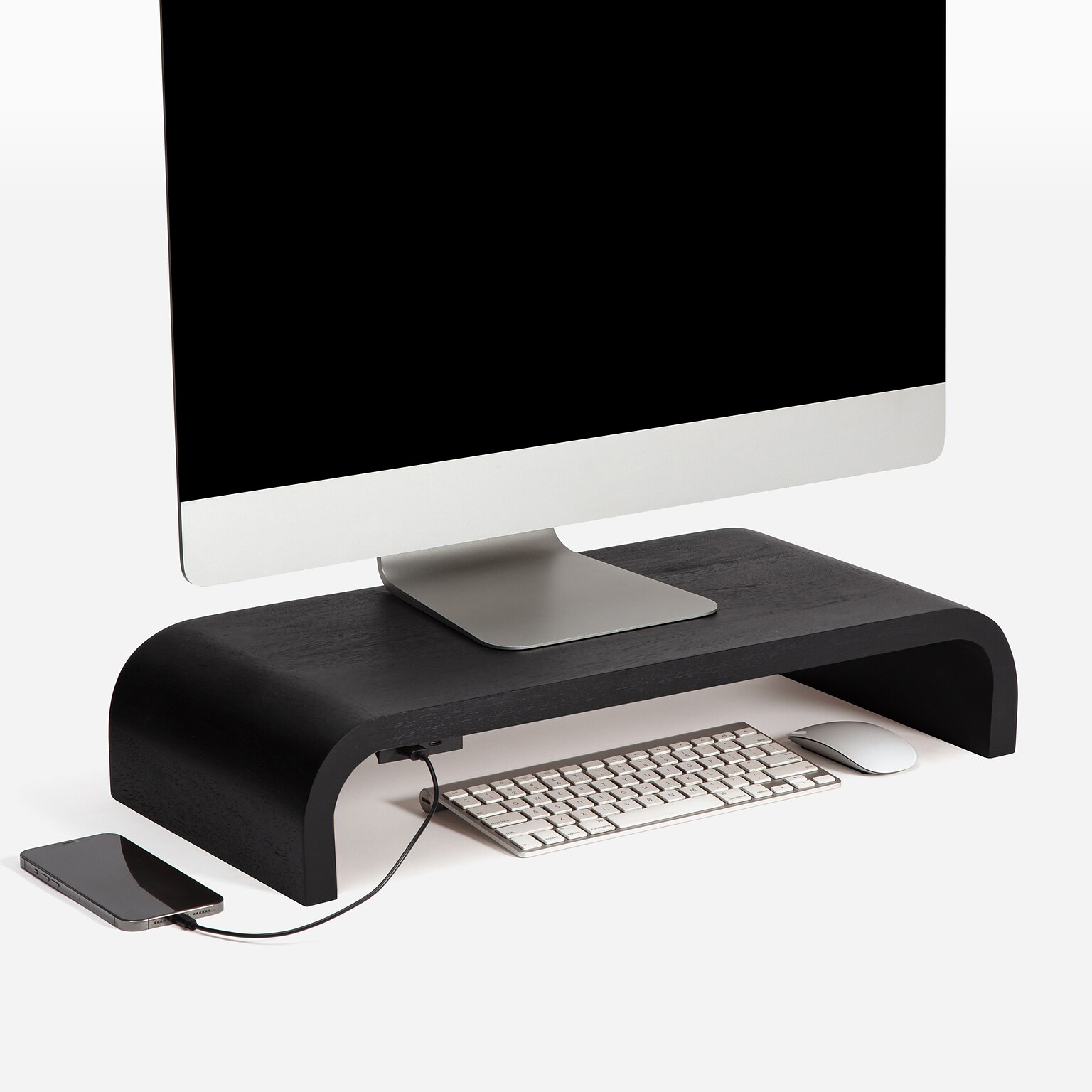 Anji Mountain Mango Wood Monitor Stand with Two USB Ports, Up to 32 Monitor, Black (MS-CRV-BLK-P)