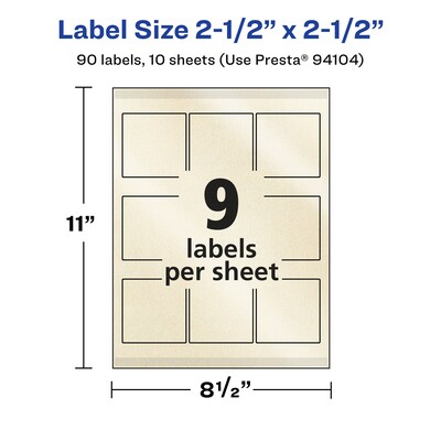 Avery Laser/Inkjet Square Pearlized Labels, 2.5" x 2.5", Ivory, 90 Labels/Pack (94104)