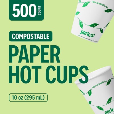Perk™ Eco Compostable Paper Hot Cup, 10 Oz., White/Green, 500/Carton (PK56223CT)