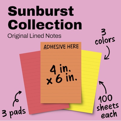Post-it Sticky Notes, 4 x 6, Sunburst Collection, Lined, 90 Sheets/Pad, 3 Pads/Pack (660-3SUN)
