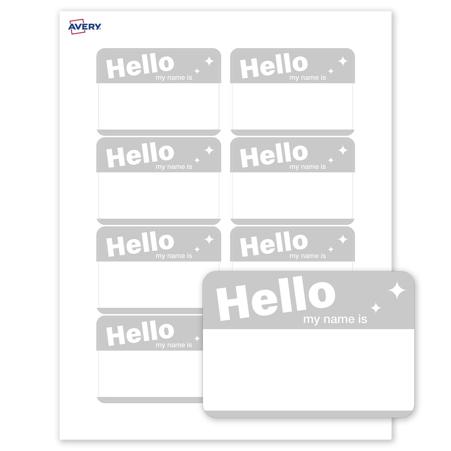 Avery Adhesive Name Tags, Pre-printed Silver Hello Design