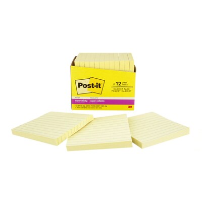 Post-it® Super Sticky Notes, 4 x 4, Canary Yellow, Lined, 90 Sheets/Pad, 12 Pads/Pack (675-12SSCP)