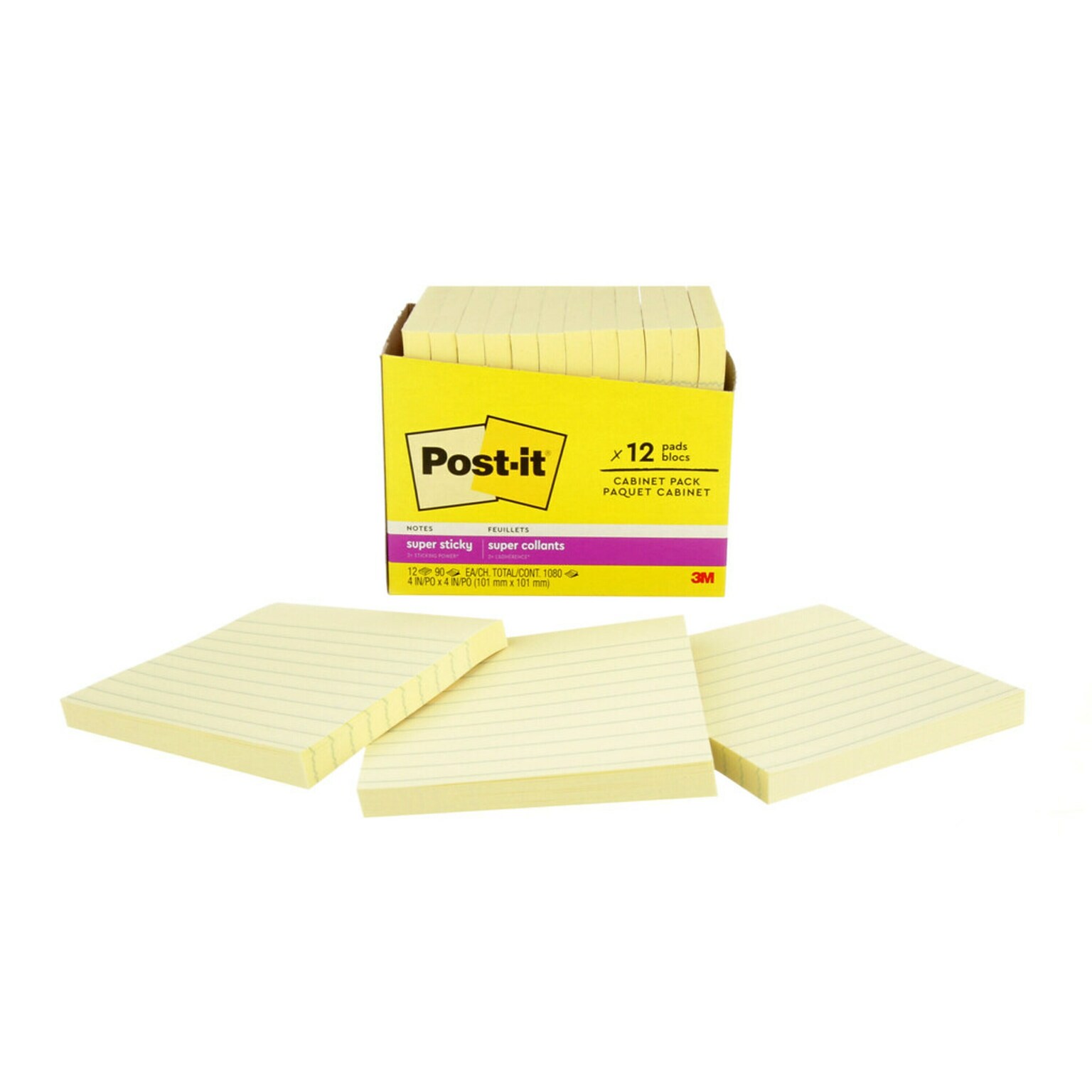 Post-it® Super Sticky Notes, 4 x 4, Canary Yellow, Lined, 90 Sheets/Pad, 12 Pads/Pack (675-12SSCP)