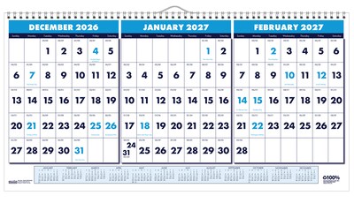 2027 House of Doolittle 23.5 x 12 Three-Month Wall Calendar, Blue (3648-27)