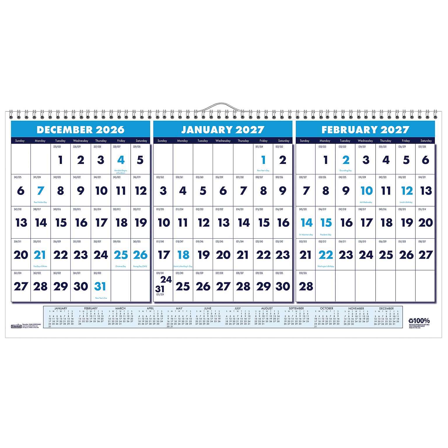 2027 House of Doolittle 23.5 x 12 Three-Month Wall Calendar, Blue (3648-27)
