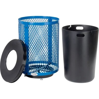 Global Industrial Outdoor Diamond Steel Trash Can w/ Flat Lid & Base, 36 Gallon, Blue (261924BLD)