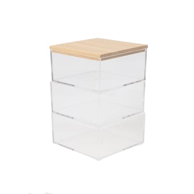 Martha Stewart Brody Plastic Storage Organizer Bin with Light Natural Paulownia Wood Lid, Clear, 3/S