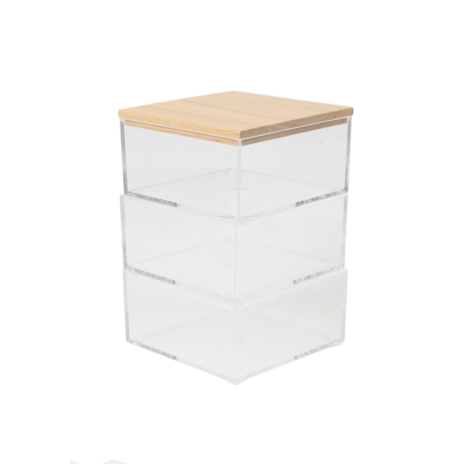 Martha Stewart Brody Plastic Storage Organizer Bin with Light Natural Paulownia Wood Lid, Clear, 3/Set (BEPB45173WDCLNT)