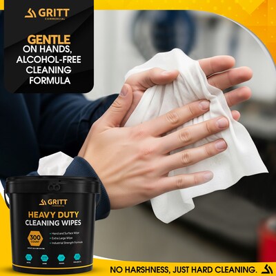 Gritt Commercial Heavy-Duty Multi-Surface Hand & Tool Cleaning Wipes, 10" x 12", 300 Count (GRI6-300)