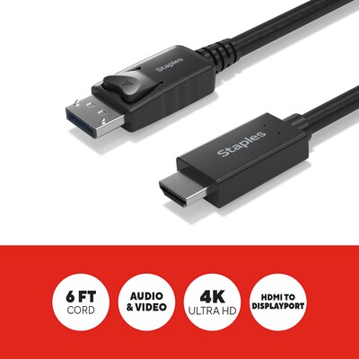 Staples TECH 6 ft. Display Port to HDMI Audio/Video Cable, Male to Male, Black (ST62466)