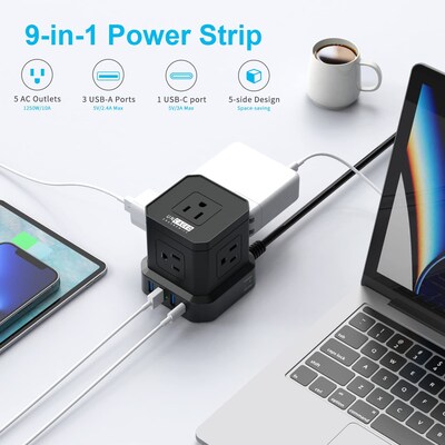 Uncaged Ergonomics Cube 5-Outlet 4-USB Port Surge Protector, 10', Black (PC-b-c)