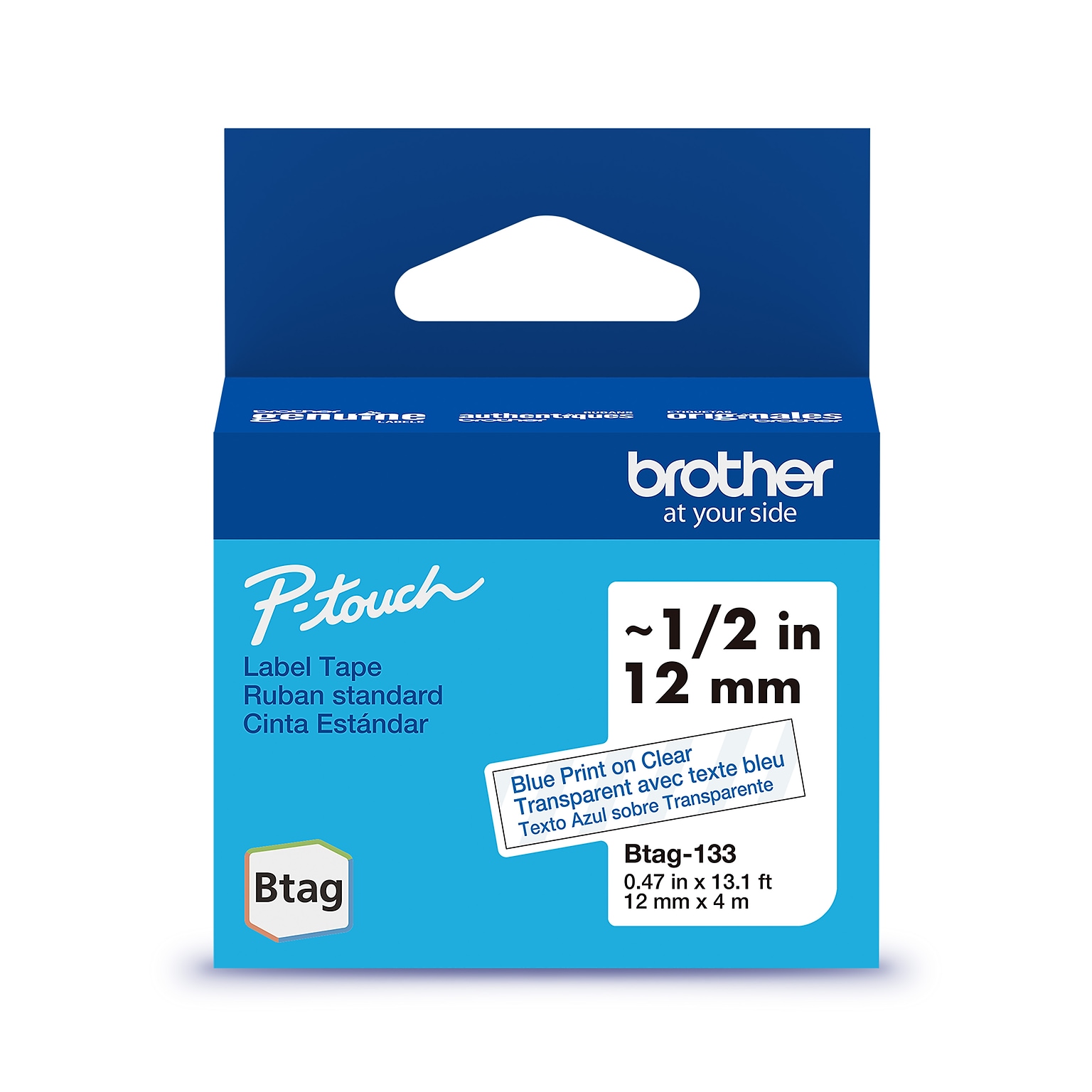 Brother P-touch Btag Label Tape, 1/2 x 13.1 (12mm x 4m), Blue on Clear (BTAG133)
