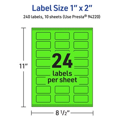 Avery Laser/Inkjet Multipurpose Rectangle Labels, 1" x 2", Neon Green, 240/Pack (94220)