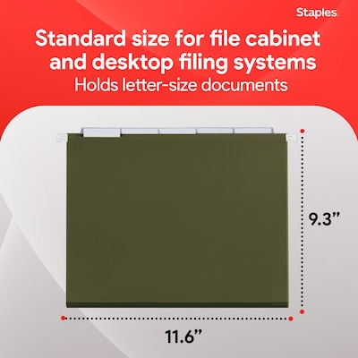 Staples Hanging File Folder, 1/5-Cut Tab, Letter Size, Standard Green, 50/Box (ST266262-CC)