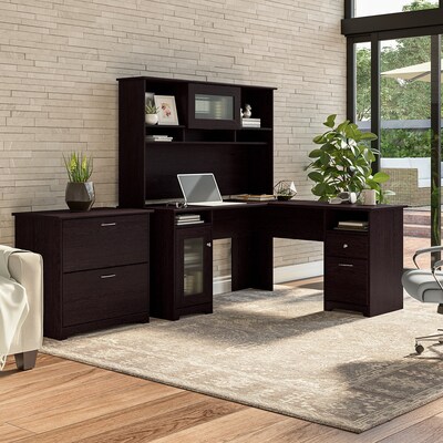 Bush Furniture Cabot 60"W L Shaped Computer Desk with Hutch and Lateral File Cabinet, Espresso Oak (CAB005EPO)