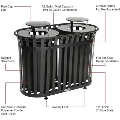 Global Industrial Outdoor Slatted Steel Trash Can w/ Rain Bonnet Lid, 72 Gallon, Black (641432BK)