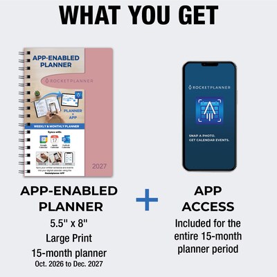2027 Rocketbook Rocketplanner 6" x 8" Calendar Year Weekly & Monthly Planner, Plastic Cover (RKPL-CY27-5-PK)