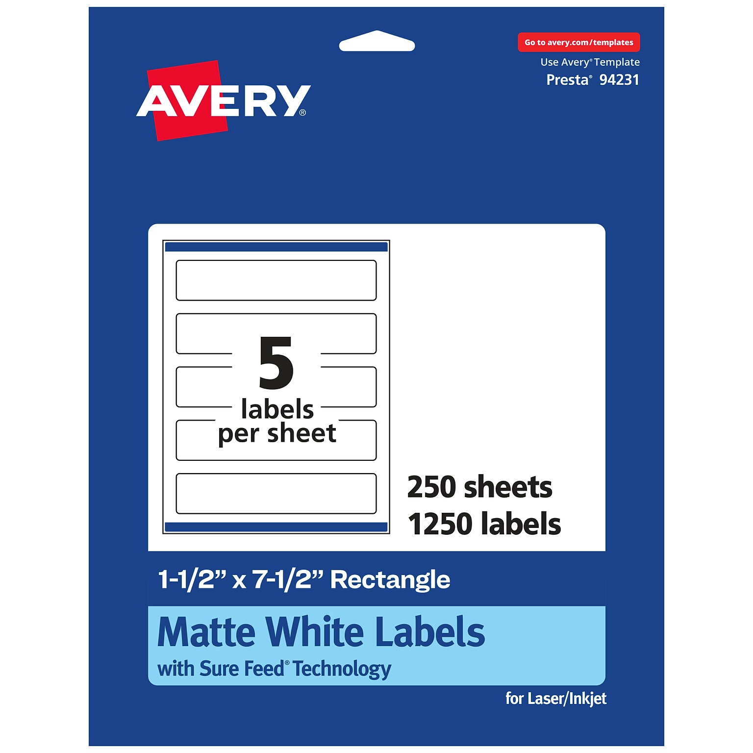 Avery Laser/Inkjet Rectangle Multipurpose Labels, 1.5 x 7.5, White, 1250 Labels/Box (94231)