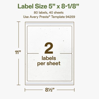 Avery Hemp Rectangle Laser/Inkjet Multipurpose Labels, 5" x 8-1/8", Off-White (80/Box)
