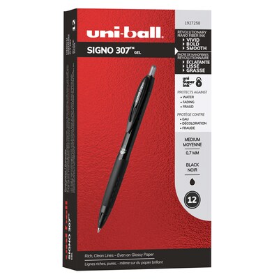 uni-ball Signo 307 Retractable Gel Pens, 0.7mm, Medium Point, Black Ink, 12/Pack (1927258)