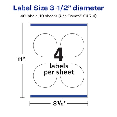 Avery Round Laser/Inkjet Round Multipurpose Labels, 3.5" Dia., White, 40 Labels/Pack (94514)