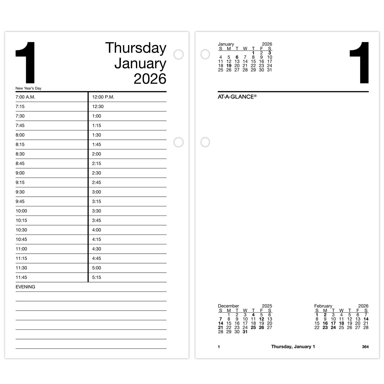 2026 AT-A-GLANCE 8 x 4.5 Daily Calendar Refill Pages, White/Black (E210-50-26)
