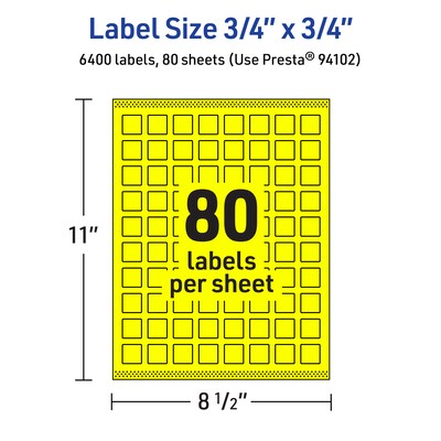Avery Laser/Inkjet Square Multipurpose Labels, 0.75" x 0.75", Neon Yellow, 6400/Box (94102)
