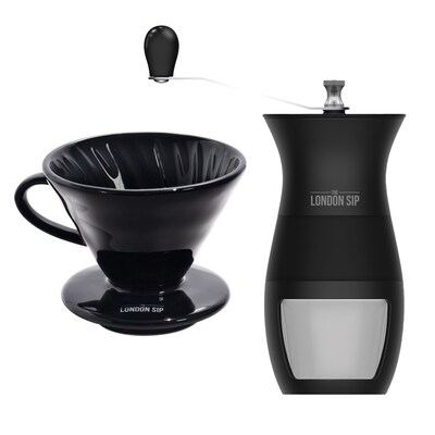 The London Sip 4- Cups Pourover with Manual Burr Coffee Grinder, Black (KITESCLCOFFEE02)