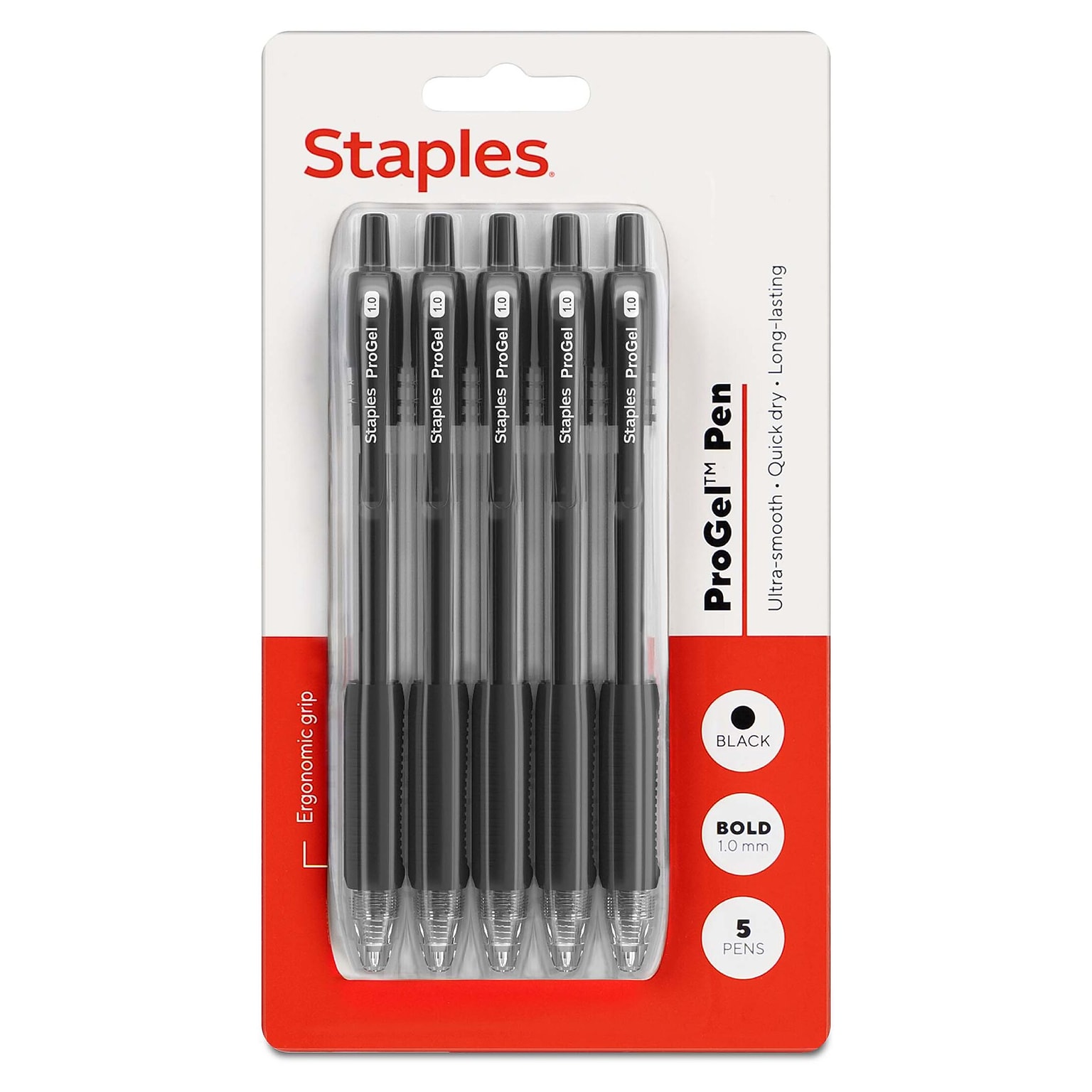 Staples ProGel™ Retractable Gel Pen, Bold Point, 1.0mm, Black Ink, 5/Pack (ST63013)