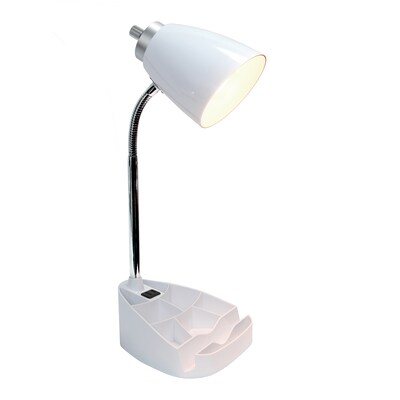 Simple Designs Gooseneck Organizer LED Desk Lamp, 18.50, with iPad Tablet Stand and Charging Outlet, White (LD1057-WHT)