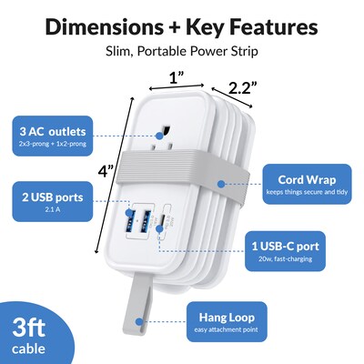 Uncaged Ergonomics 3-Outlet 3-USB Port Power Strip, 3', White (TC-w)