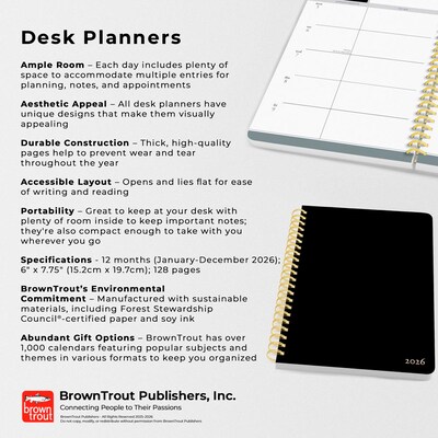 2026 BrownTrout 6.5" x 7.75" Calendar Year Weekly Planner, Black (9798330707898)