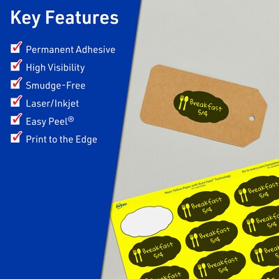 Avery Oval Scalloped Laser/Inkjet Multipurpose Labels, 1-1/8 x 2-1/4, Neon Yellow (420/Pack)