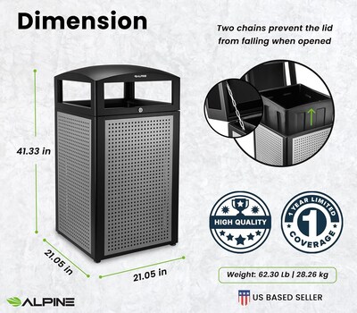 Alpine Industries Steel Outdoor Trash Can with Dome Lid, 40 Gallon, Silver (471-40-SIL)