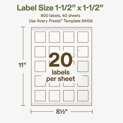 Avery Square Laser/Inkjet Multipurpose Labels, 1-1/2" x 1-1/2", Off-White (800/Box)