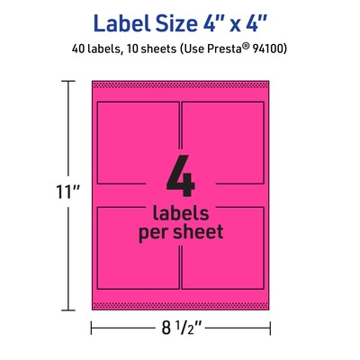 Avery Laser/Inkjet Square Multipurpose Labels, 4" x 4", Neon Magenta, 40/Pack (94100)
