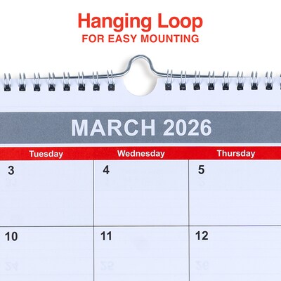 2026 Staples 15" x 12" Monthly Wall Calendar, White/Red/Gray (ST52080-26)
