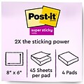 Post-it® Super Sticky Notes, 8 x 6, Energy Boost Collection, Lined, 45 Sheets/Pad, 4 Pads/Pack (68