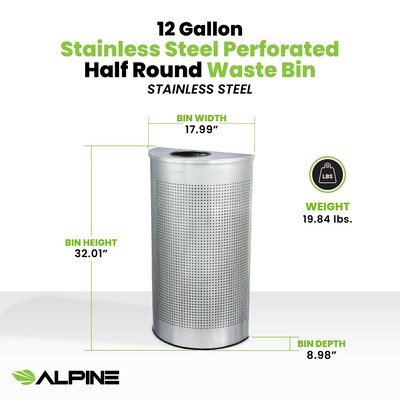 Alpine Industries Stainless Steel Trash Can, 12 Gallon, Silver (ALP438-12HR-SS)