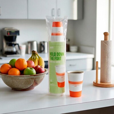 Perk 16 Oz Paper Hot Cups, 500 Count Bulk Disposable Coffee Cups for Hot Beverages, White/Orange