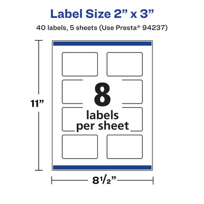 Avery Durable Waterproof Laser/Inkjet Rectangle Labels, 2" x 3", White, 40 Labels/Pack (36559)