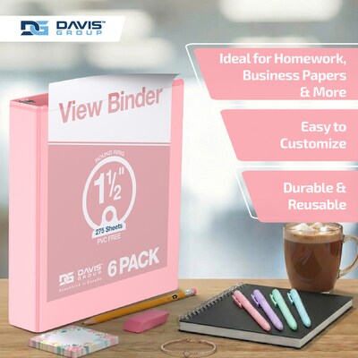 Davis Group, 1.5", 8.5" x 11", Round Ring View Binder, Pastel Color, Blush, 6/Pack (7412-11-06)