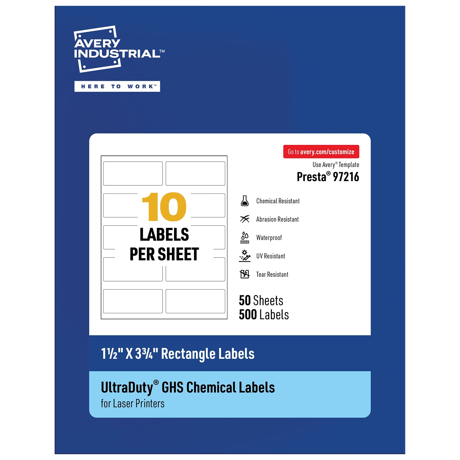 Avery Laser UltraDuty GHS Labels, 1.5 x 3.75, White, 500 Labels/Box (97216)
