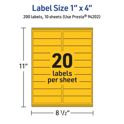 Avery Laser/Inkjet Rectangle Multipurpose Labels, 1" x 4", Bright Yellow, 200/Pack (94202)